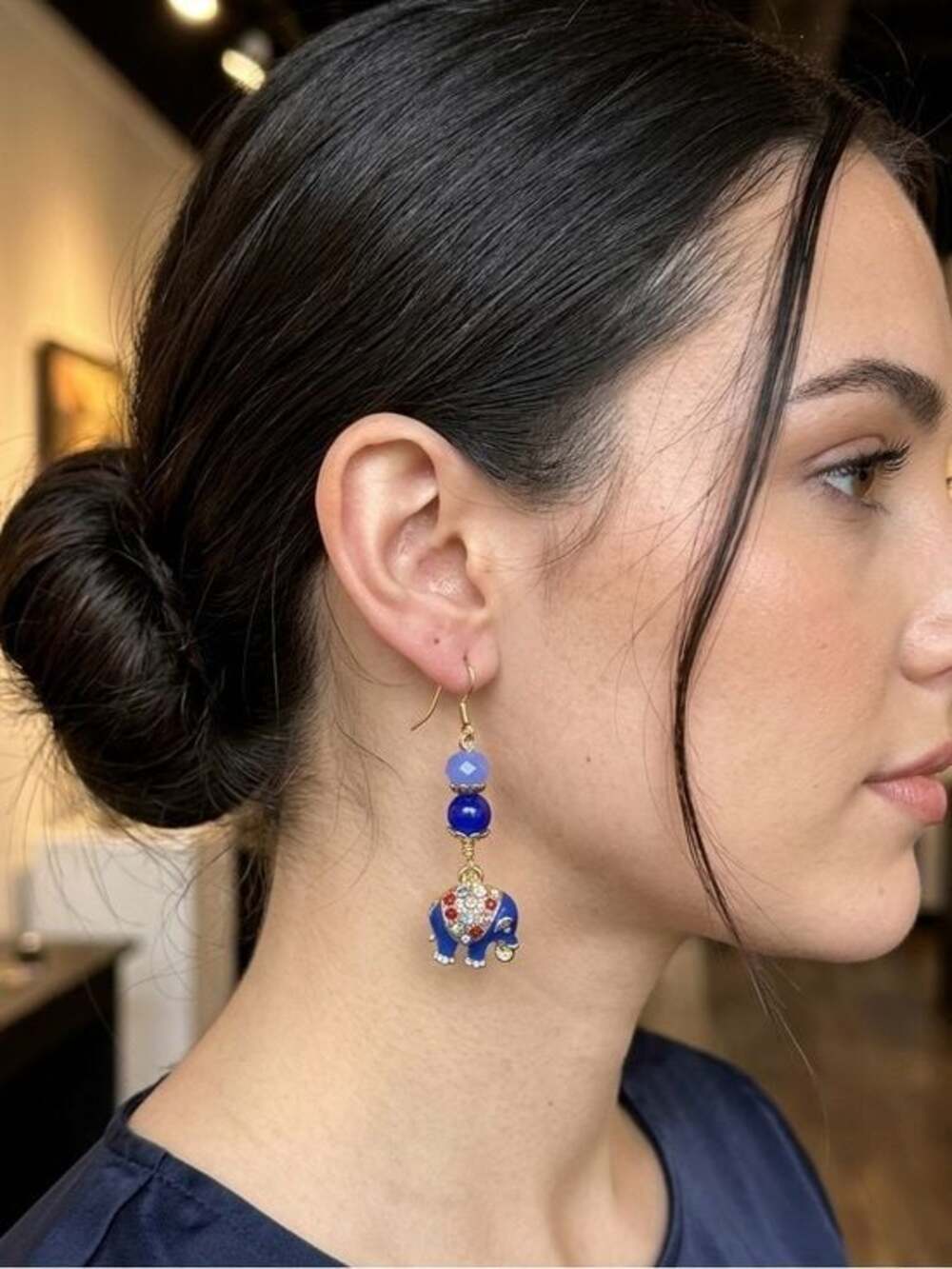 Artisan Blue Elephant Hand Wrapped Crystals 14K Gold Ear Wire Earrings